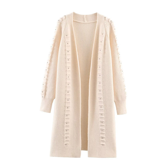 Damen Longline Strickcardigan mit Perlen- und Rüschendetail offene Front Nord Taschen