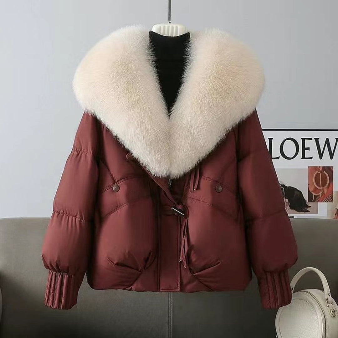 Damen nan kurze wattierte Steppjacke mit voluminösem Kunstfellkragen und Taillenzug Nord Taschen