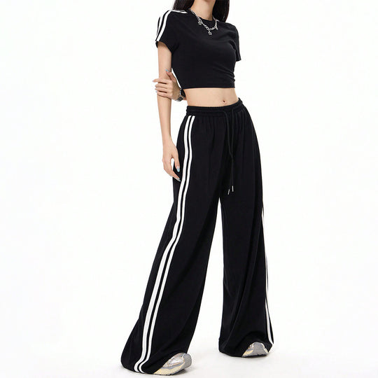 Damen lässige Highwaist weite Sweathose mit elastischem Bund, Tunnelzug und seitlichen Kontraststreifen Nord Taschen