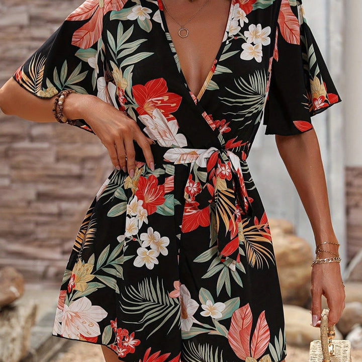 Damen Jumpsuit mit floralem Design und weiten Ärmeln