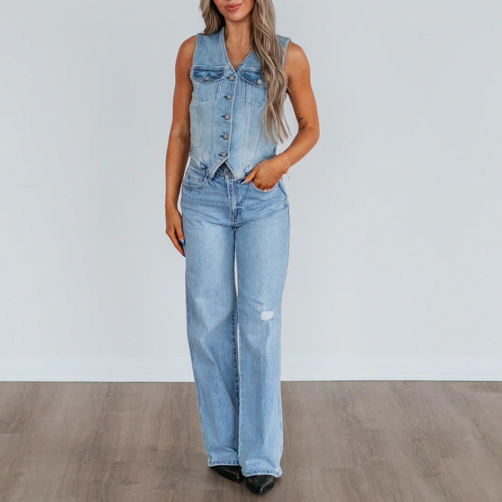 Damen Denim Weste mit Knopfleiste und modernen Schnittrahmen
