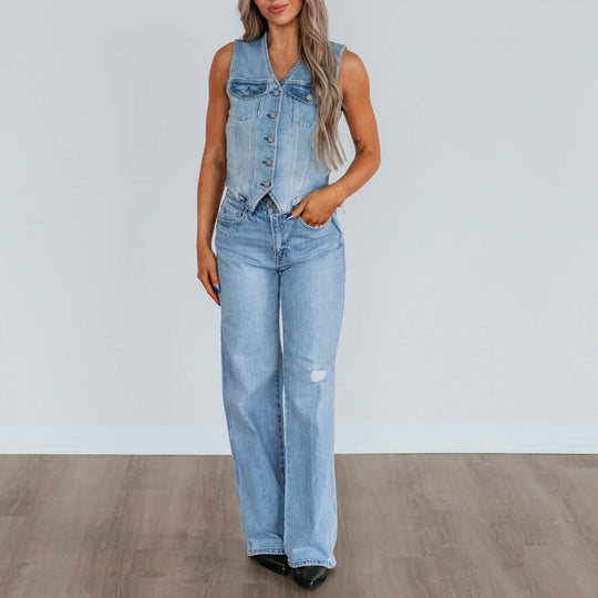 Damen Denim Weste mit Knopfleiste und modernen Schnittrahmen