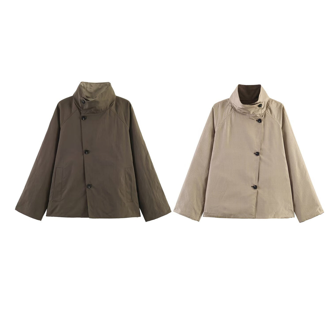 Damen Oversize-Kurzmantel mit hohem Stehkragen, Raglanärmeln und verdeckter Knopfleiste Nord Taschen