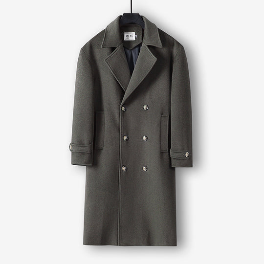 Herren Langer Doppelreihiger Wollmantel mit minimalistischer Silhouette und Schalkragen Nord Taschen