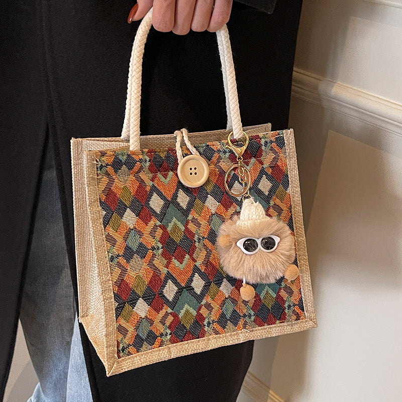 Damen Jute-Tragetasche mit buntem geometrischen Muster Nord Taschen