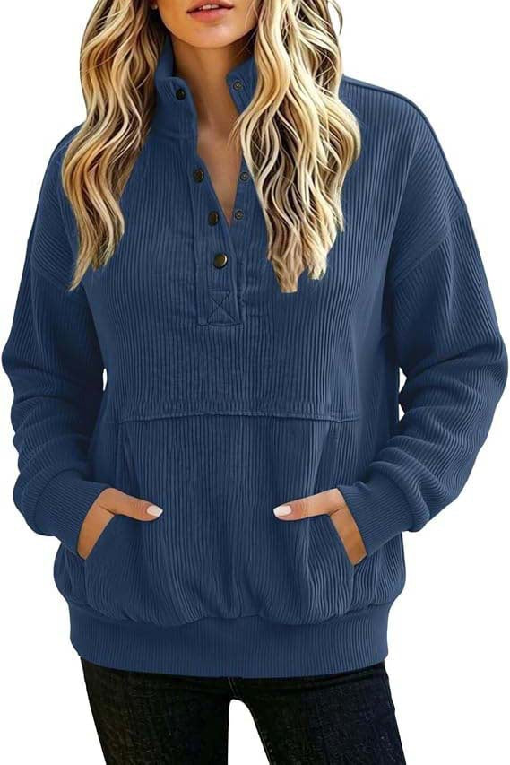 Damen gerippter Henley-Pullover mit Stehkragen und Kängurutasche Nord Taschen