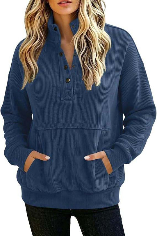 Damen gerippter Henley-Pullover mit Stehkragen und Kängurutasche Nord Taschen