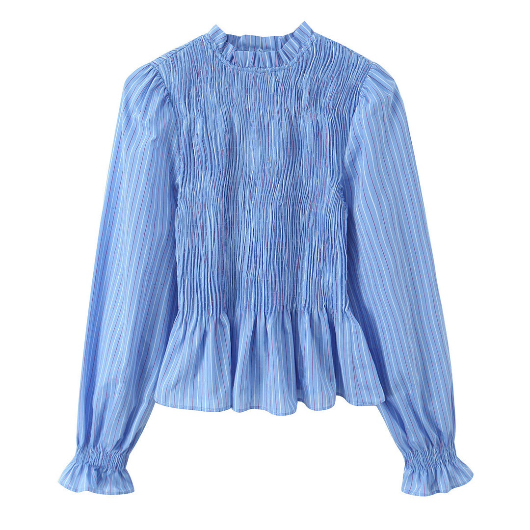Damen Gestreifte Bluse mit Smok-Front, Stehkragen und Volant-Saum Nord Taschen