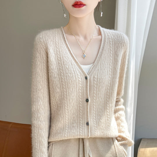 Damen Kurzer Zopfmuster-Cardigan im Mohair-Look mit V‑Ausschnitt und gerippten Bündchen Nord Taschen
