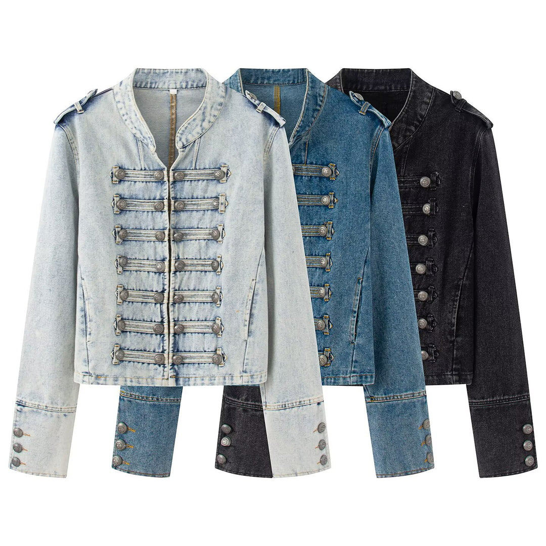 Damen Jeansjacke im Military-Stil mit dekorativer Zierknopfleiste Nord Taschen