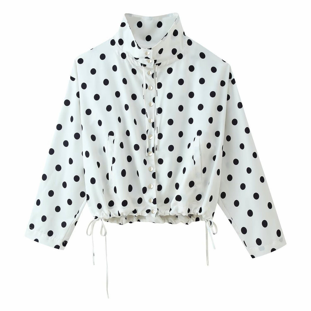 Damen Gepunktete Cropped-Bluse mit Stehkragen und Tunnelzugsaum Nord Taschen