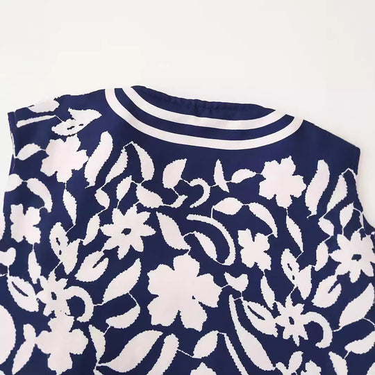 Damen Leichte Blousonjacke im floralen Muster mit Rundhals, Balloonärmeln und kontrastierenden Streifen Nord Taschen