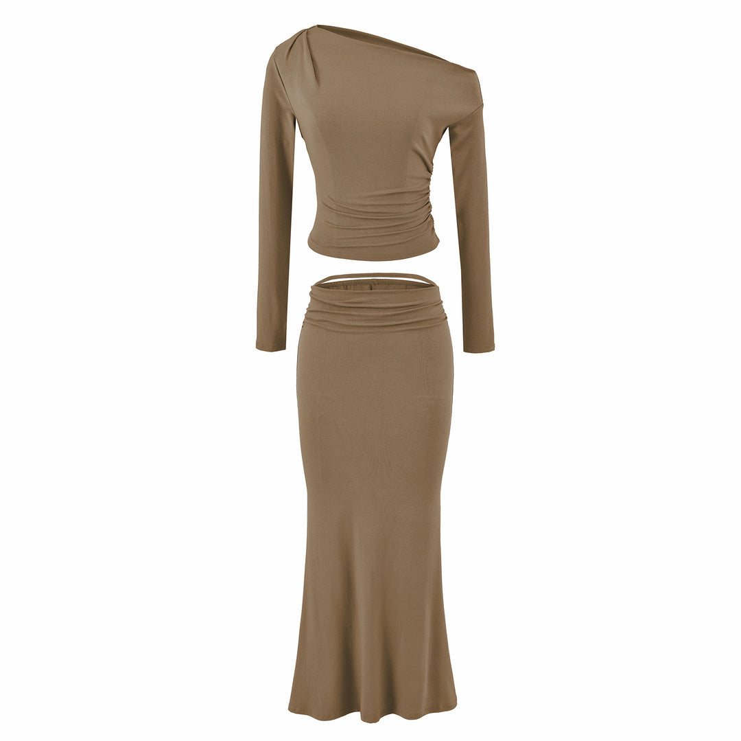 Damen Einschultriges zweiteiliges Set mit gerafftem Crop-Top und tailliertem Maxirock Nord Taschen