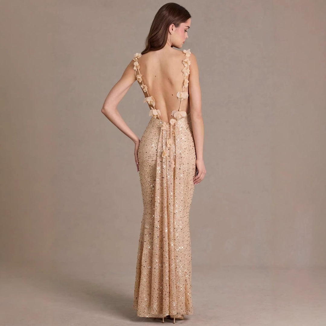 Damen elegantes Pailletten-Maxi-Kleid mit schickem Wasserfallausschnitt und figurbetonter Silhouette Nord Taschen