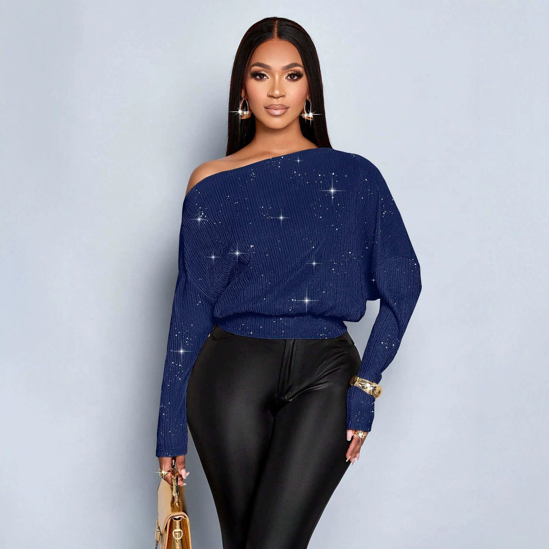 Damen Überschnittener Rippstrick-Pullover mit One-Shoulder und tailliertem Bündchen Nord Taschen