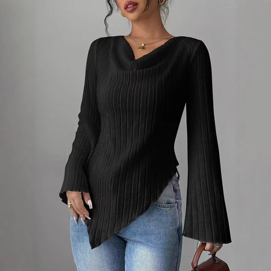 Damen Asymmetrischer Gerippter Feinstrickpullover mit V-Ausschnitt Nord Taschen
