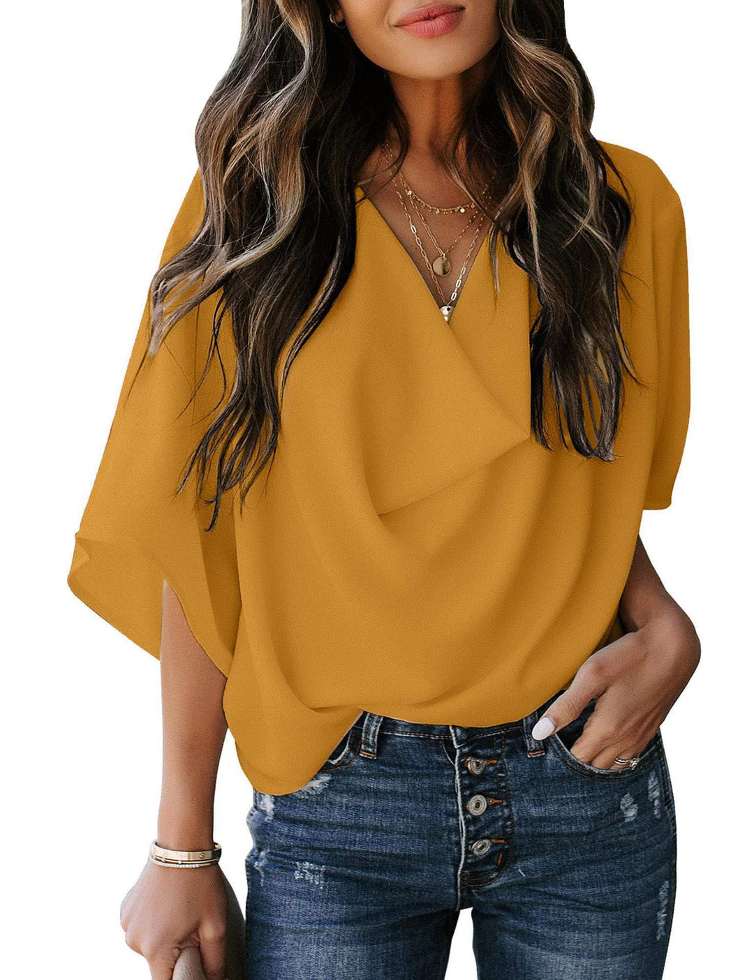 Damen lässiges Oversized-Oberteil mit drapiertem V-Ausschnitt