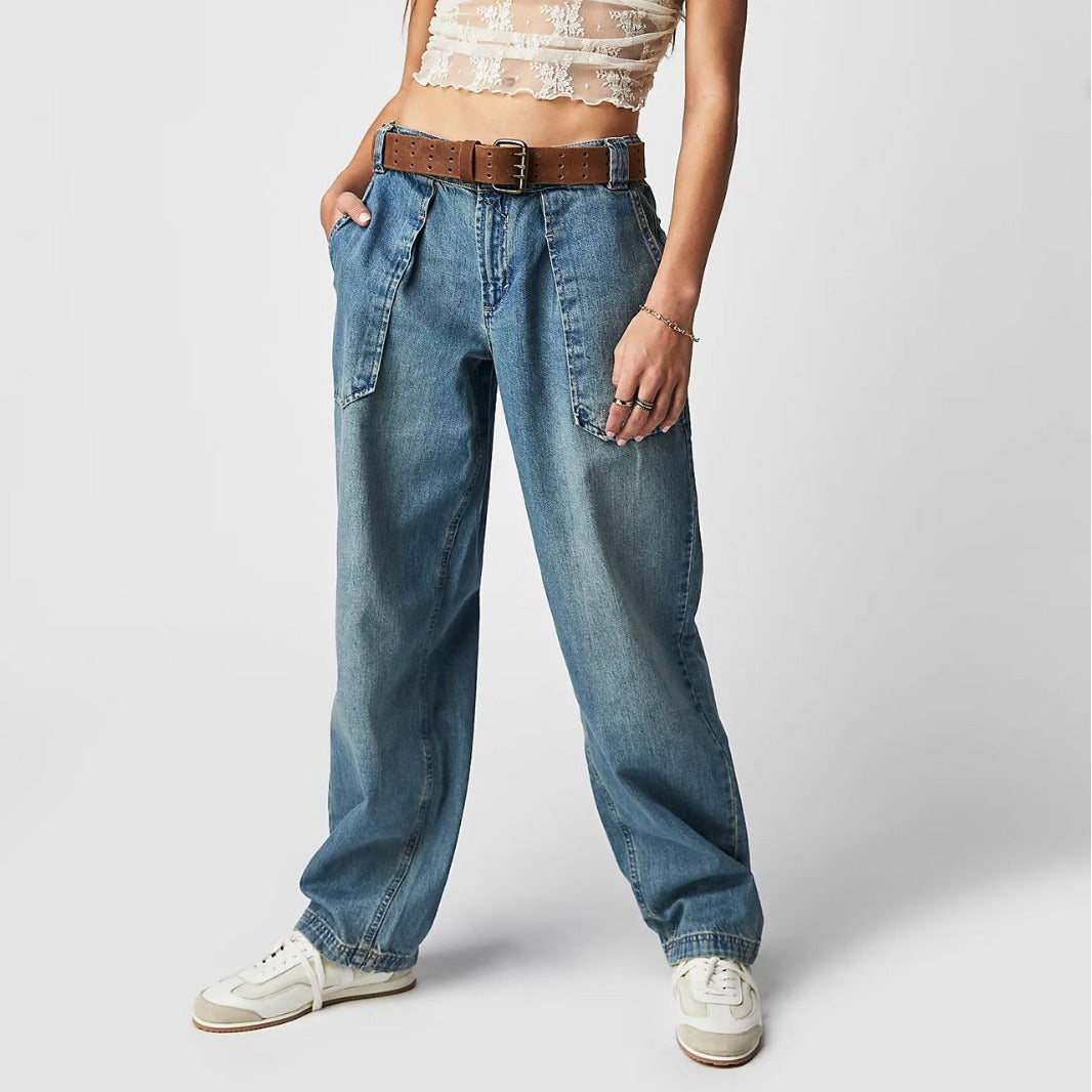 Damen weite High-Waist Baggy-Jeans mit tiefem Schritt, Five-Pocket Design und extra-langen Beinen Nord Taschen