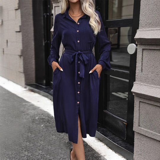 Damen Midikleid im Hemdblusenstil mit Bindegürtel, verdeckter Knopfleiste und hohem Beinschlitz Nord Taschen