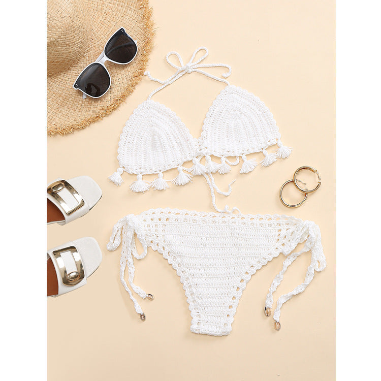 Damen Häkel-Bikini-Set mit fransigen Akzenten und verstellbaren Trägern