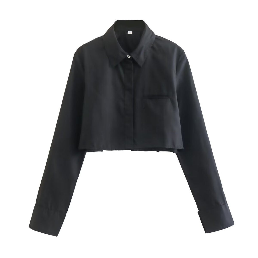 Damen cropped Bluse mit klassischem Kragen und praktischen Brusttaschen Nord Taschen