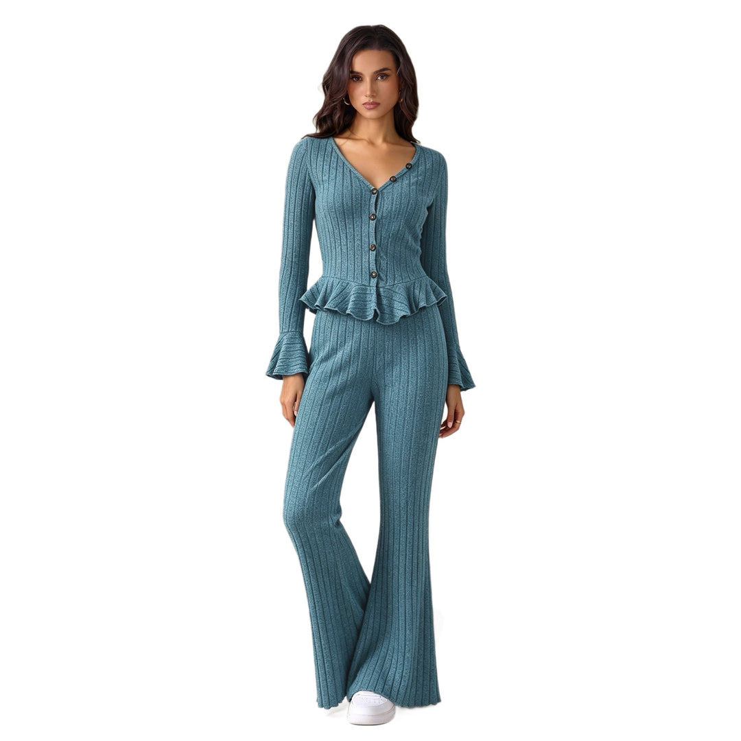 Damen feinstrukturiertes Rippstrick-Set mit tailliertem Knopfcardigan, Volant-Taillenpassform und ausgestellter Schlaghose Nord Taschen