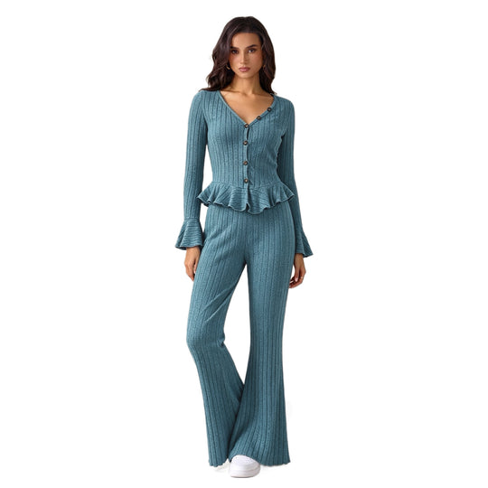 Damen feinstrukturiertes Rippstrick-Set mit tailliertem Knopfcardigan, Volant-Taillenpassform und ausgestellter Schlaghose Nord Taschen