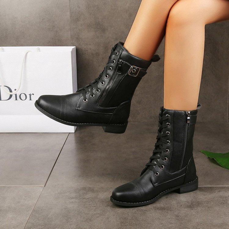 Damen Schnürstiefel mit seitlichem Reißverschluss und Zier-Riemen knöchelhoch Vintage-Bikerstiefel Nord Taschen