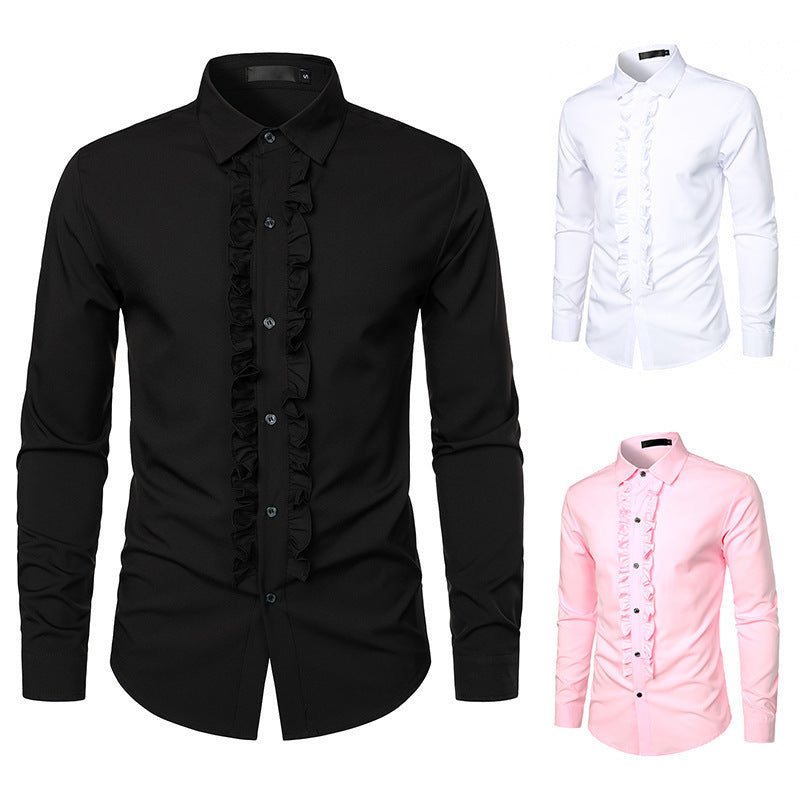 Herren Langarmhemd mit Rüschenverzierung und eleganten Knopfdetails