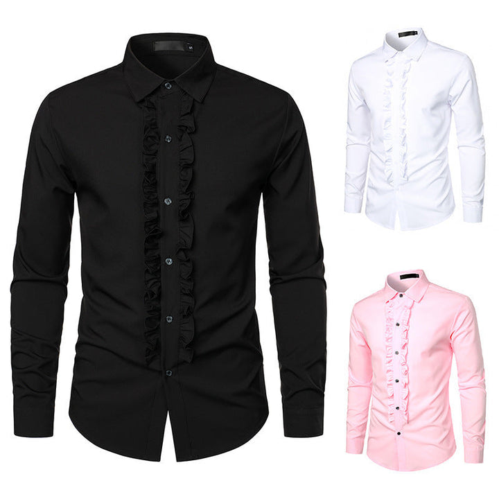 Herren Langarmhemd mit Rüschenverzierung und eleganten Knopfdetails