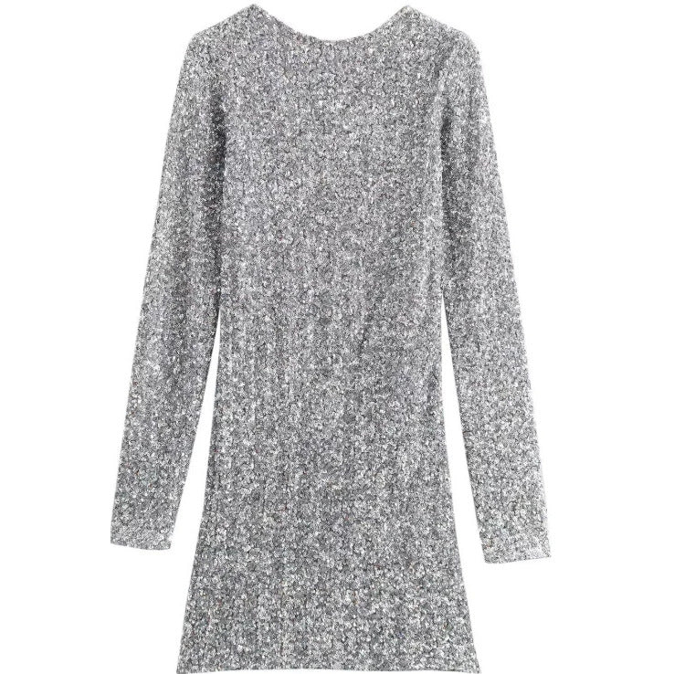 Damen Glitzerndes Pailletten-Minikleid mit langen Ärmeln und schmaler Silhouette Nord Taschen