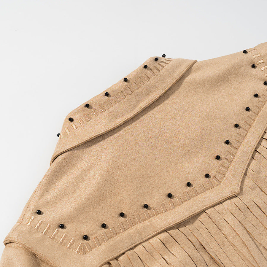 Damen Kurze Fransen-Suedejacke im Westernstil mit Nietenbesatz und Frontreißverschluss Nord Taschen