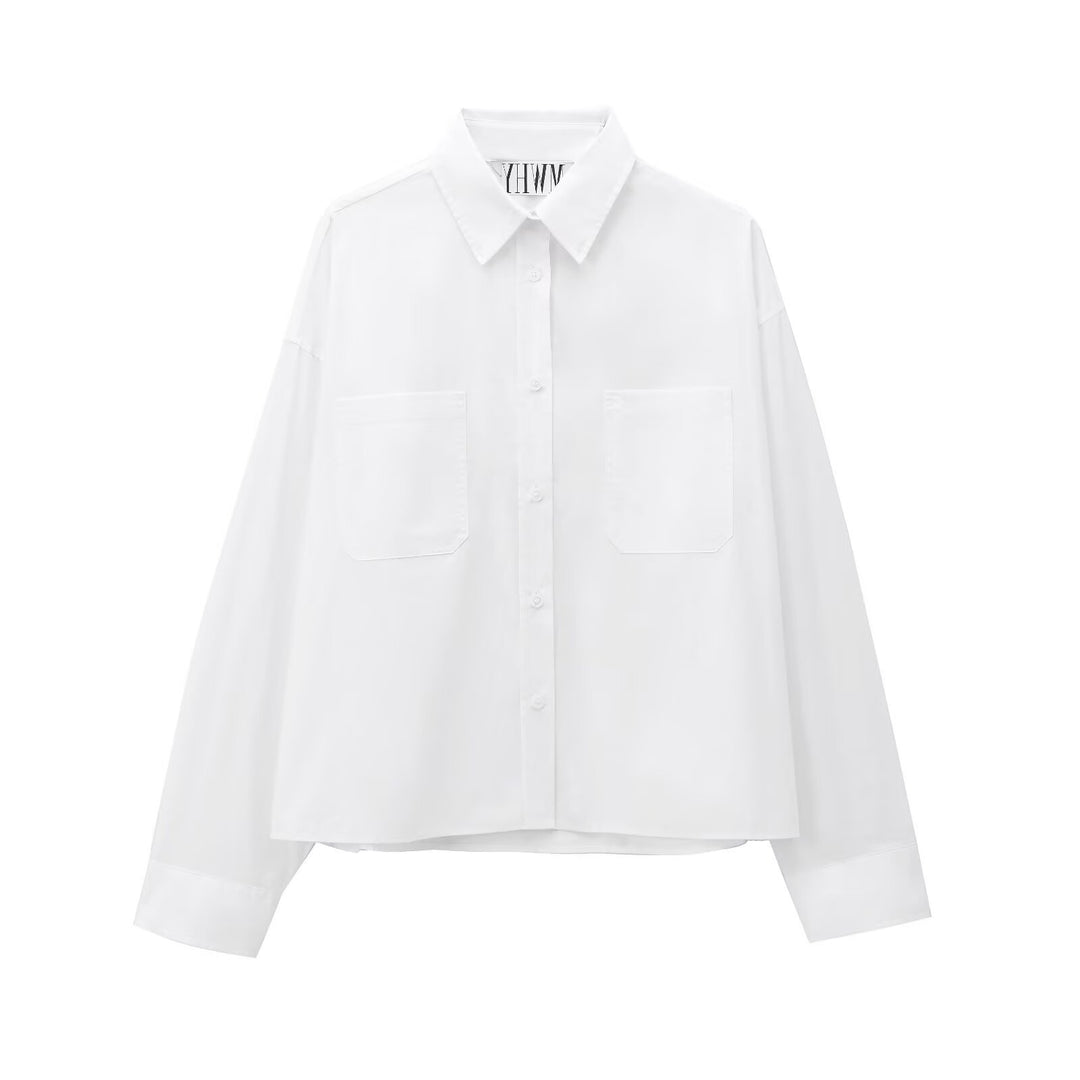 Damen Boxy-Cropped-Hemdjacke mit aufgesetzten Brusttaschen Nord Taschen