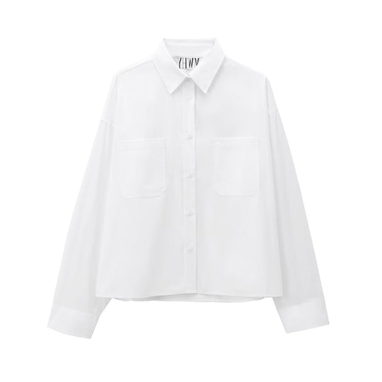 Damen Boxy-Cropped-Hemdjacke mit aufgesetzten Brusttaschen Nord Taschen