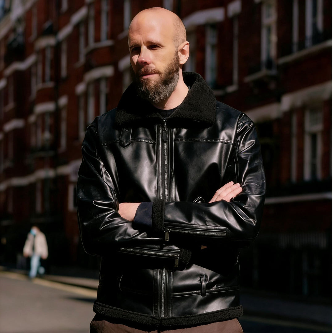 Herren Kunstleder-Fliegerjacke mit Teddyfutter, Reißverschlüssen und Stehkragen Nord Taschen