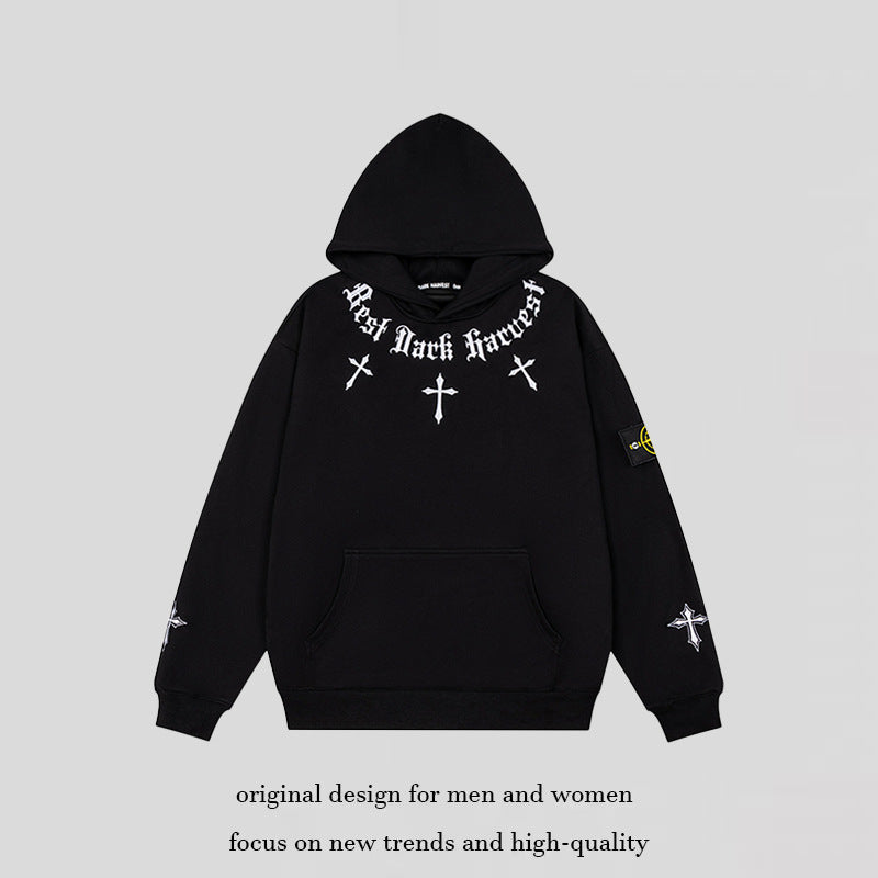 Unisex Oversize Kapuzenpullover mit Gothic-Kreuz-Print, Kängurutasche und Rippbündchen Nord Taschen