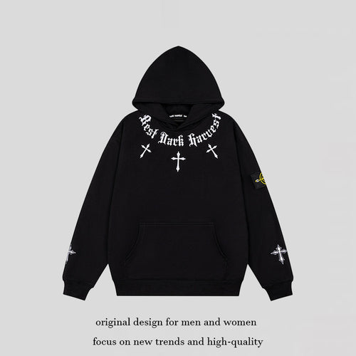 Unisex Oversize Kapuzenpullover mit Gothic-Kreuz-Print, Kängurutasche und Rippbündchen Nord Taschen