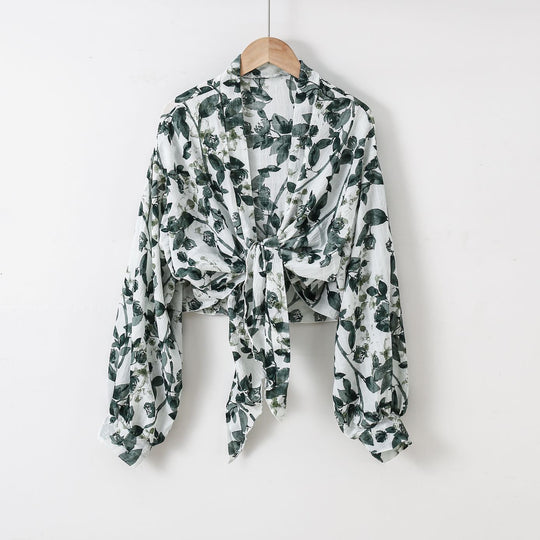 Damen nan florale Knoten-Bluse im Wickelstil mit Ballonärmeln und leichter Leinenoptik
