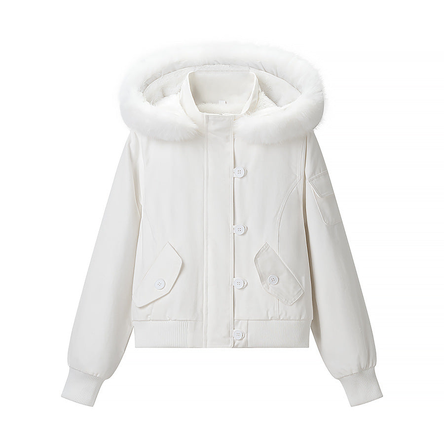 Damen Kurzjacke mit wattierter Fütterung, Kapuze mit Kunstfellbesatz und geripptem Saum Nord Taschen