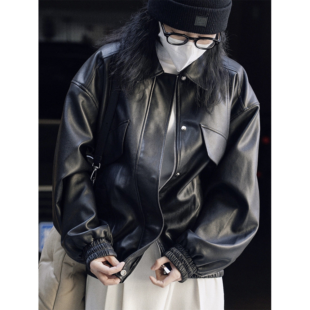 Damen Oversize-Lederoptik-Bomberjacke mit Pattentaschen und elastischem Saum Nord Taschen