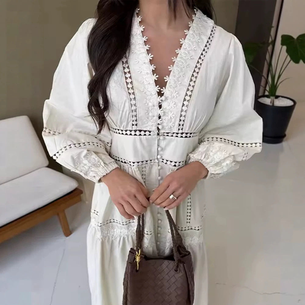Damen Maxikleid im Boho‑Stil mit Spitzeneinsätzen, Knopfleiste und Ballonärmeln Nord Taschen