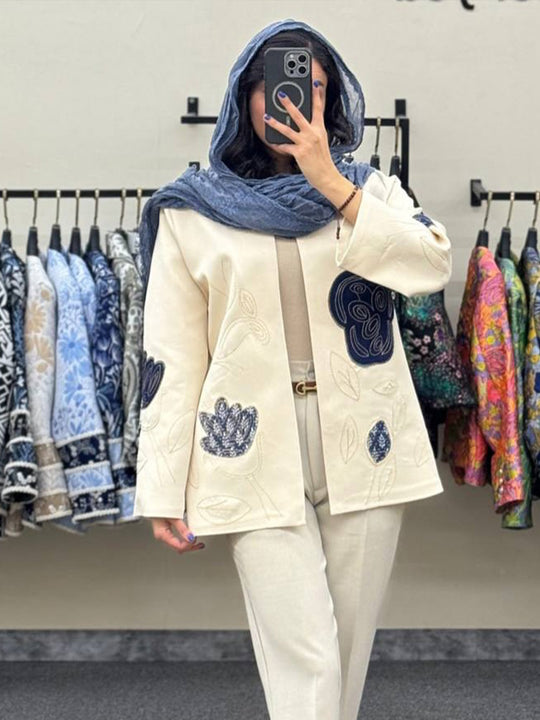 Damen offener Strickblazer mit floraler Stickerei & Applikationen Nord Taschen