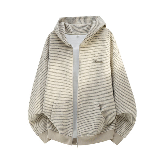 Unisex Oversize Kapuzenjacke mit durchgehendem Reißverschluss, feinem Streifenstrick und Kängurutaschen Nord Taschen