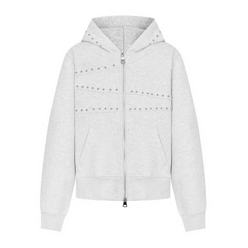 Damen Kapuzen-Sweatjacke mit Nietenbesatz, durchgehendem Reißverschluss und Kängurutaschen Nord Taschen