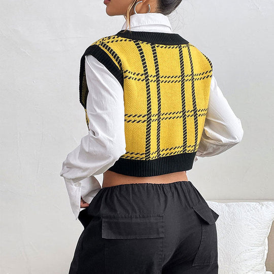 Damen Kurzgeschnittener Strickpullunder mit tiefem V-Ausschnitt und Glencheck-Karo Nord Taschen