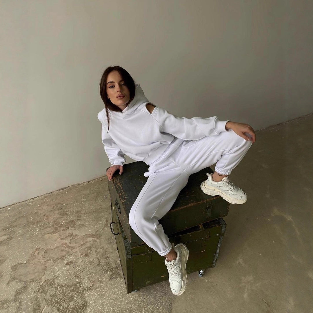 Damen Lässiges zweiteiliges Loungewear-Set mit Schulter-Cutouts und Stehkragen Nord Taschen