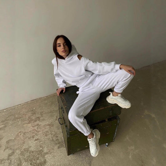 Damen Lässiges zweiteiliges Loungewear-Set mit Schulter-Cutouts und Stehkragen Nord Taschen
