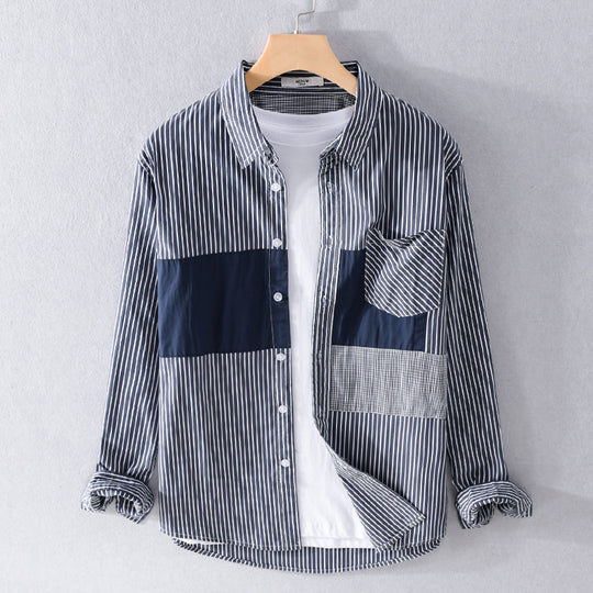 Herren Gestreiftes Overshirt mit Farbblock‑Einsätzen und aufgesetzter Brusttasche Nord Taschen