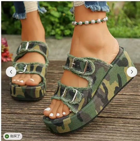 Damen bequeme Plattformsandalen aus Denim mit doppeltem Riemen