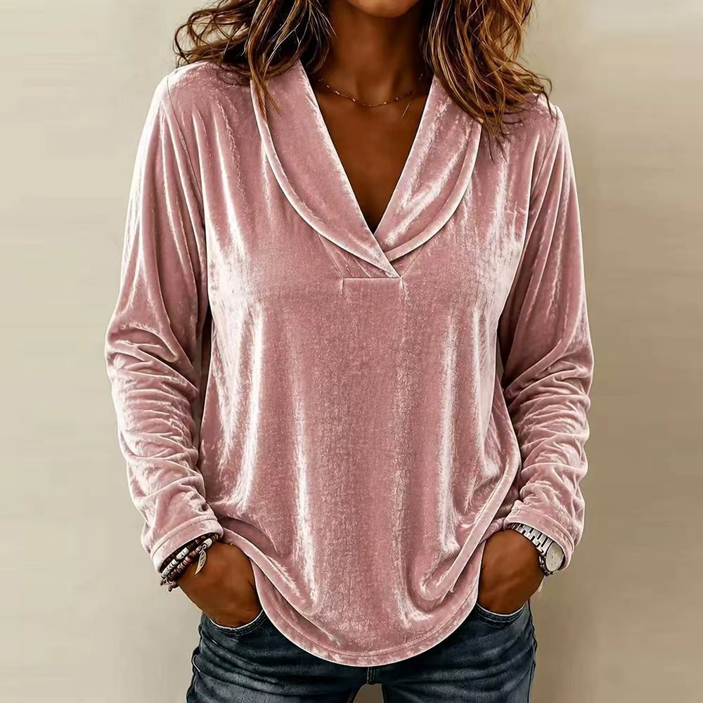 Damen Velours-Longsleeve mit tiefem Schalkragen und gerundetem Saum Nord Taschen